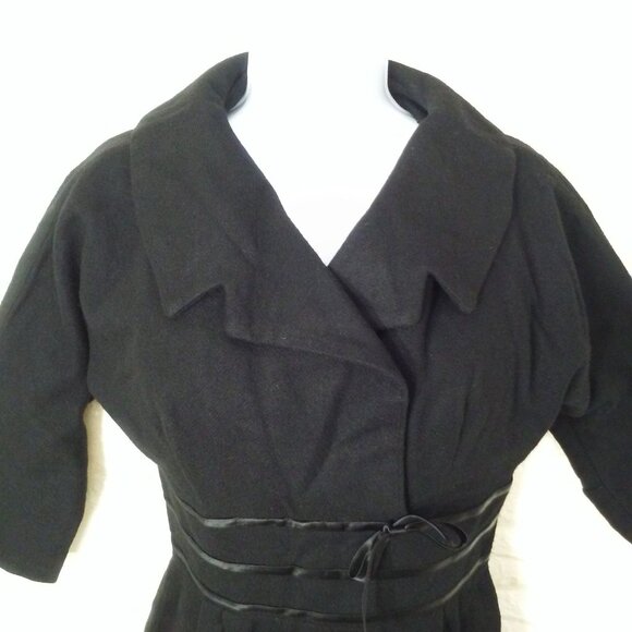 Vintage 50s Little Black Wiggle Dress Lady-M(8) Wool Cowl-Collar Zip-back Fitted - Picture 3 of 14